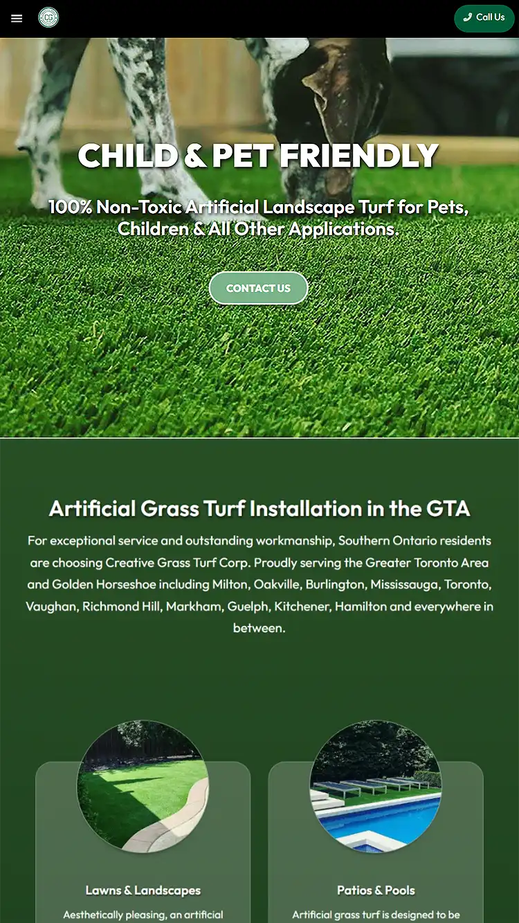 Mobile website design preview for Creative Grass Turf Corp