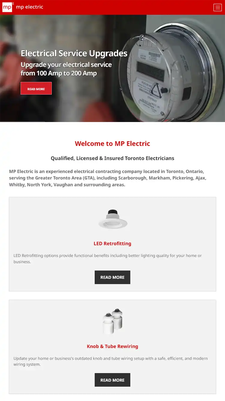 Mobile website design preview for MP Electric