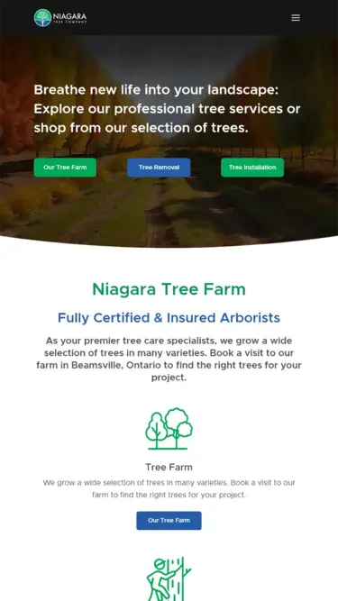 Mobile website design preview for Niagara Tree Company