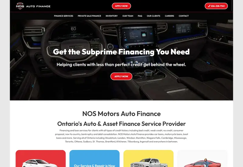 Desktop website design preview for NOS Motors Auto Finance