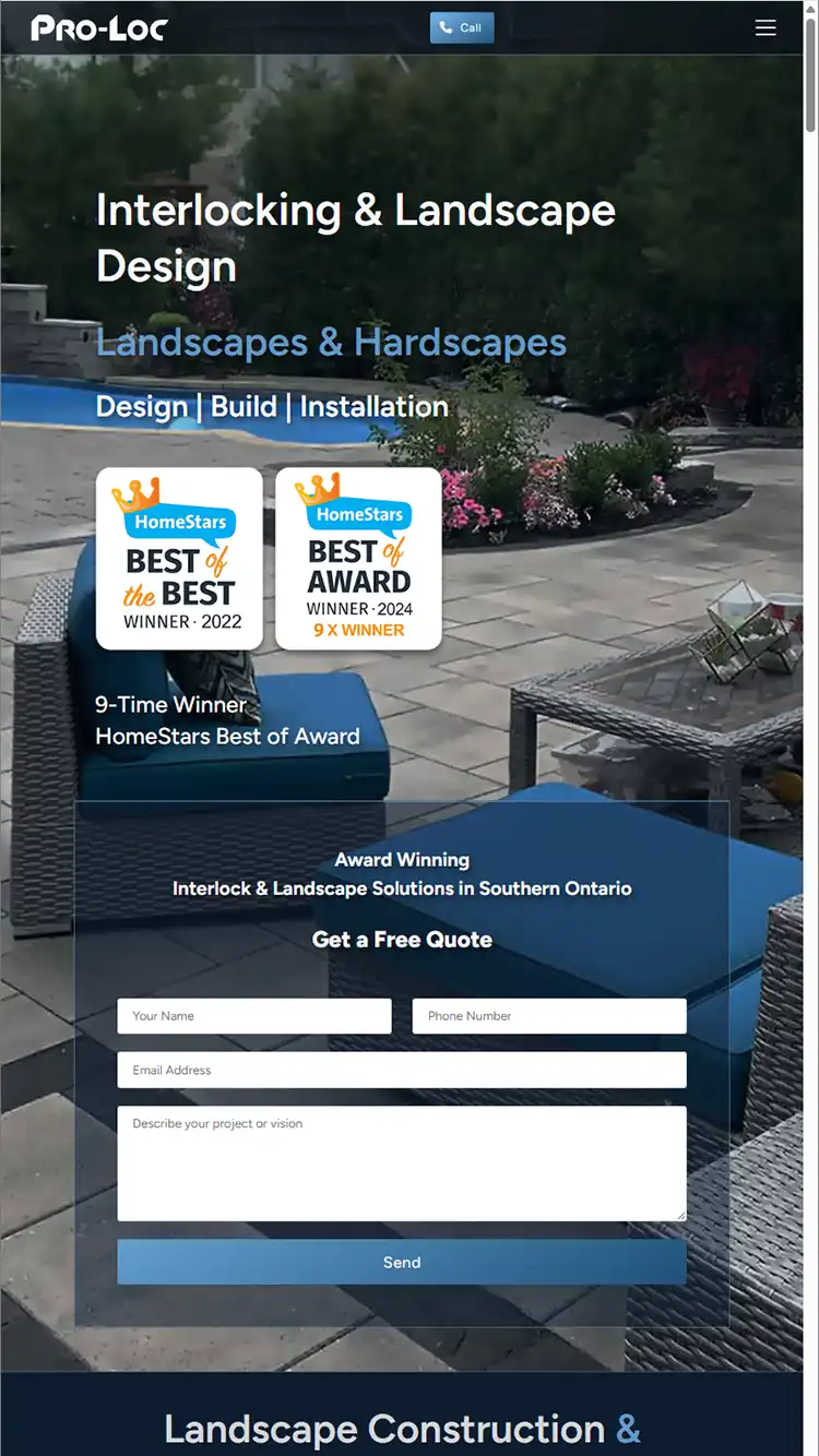 Mobile website design preview for Pro-Loc Interlocking & Landscape Design