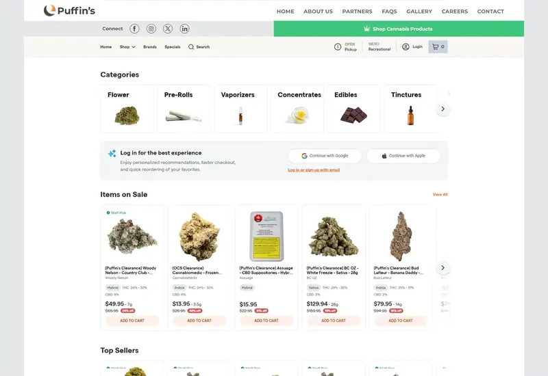 Desktop website design preview for Puffin's Cannabis
