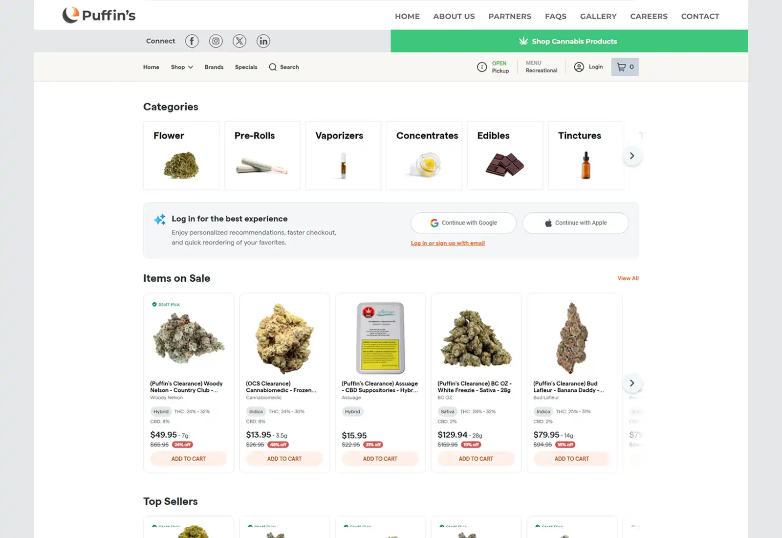 Desktop website design preview for Puffin's Cannabis