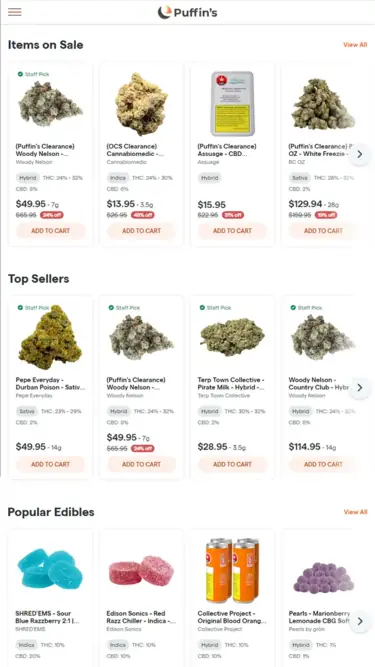 Mobile website design preview for Puffin's Cannabis
