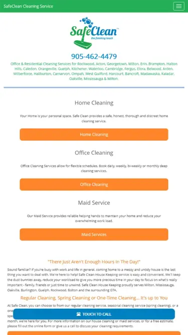 Mobile website design preview for SafeClean House Keeping