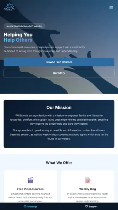 Mobile website design preview for Will2Live