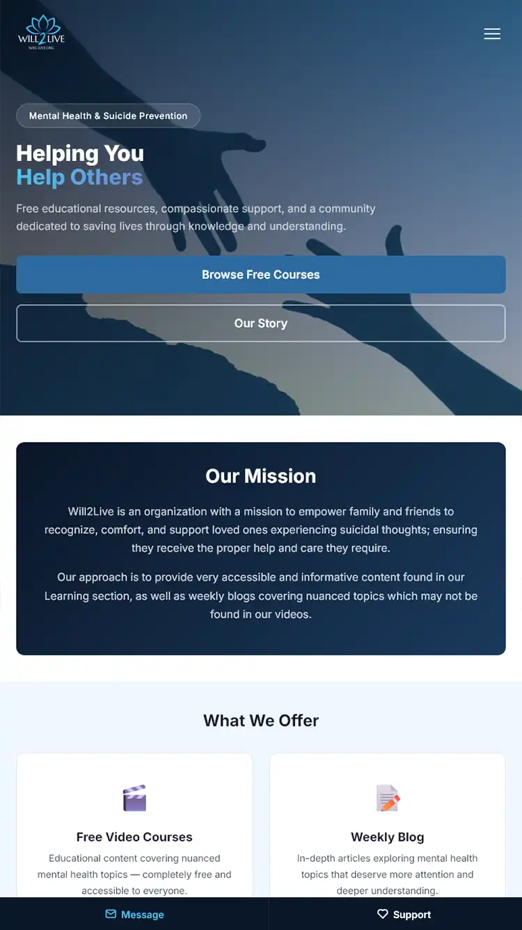 Mobile website design preview for Will2Live